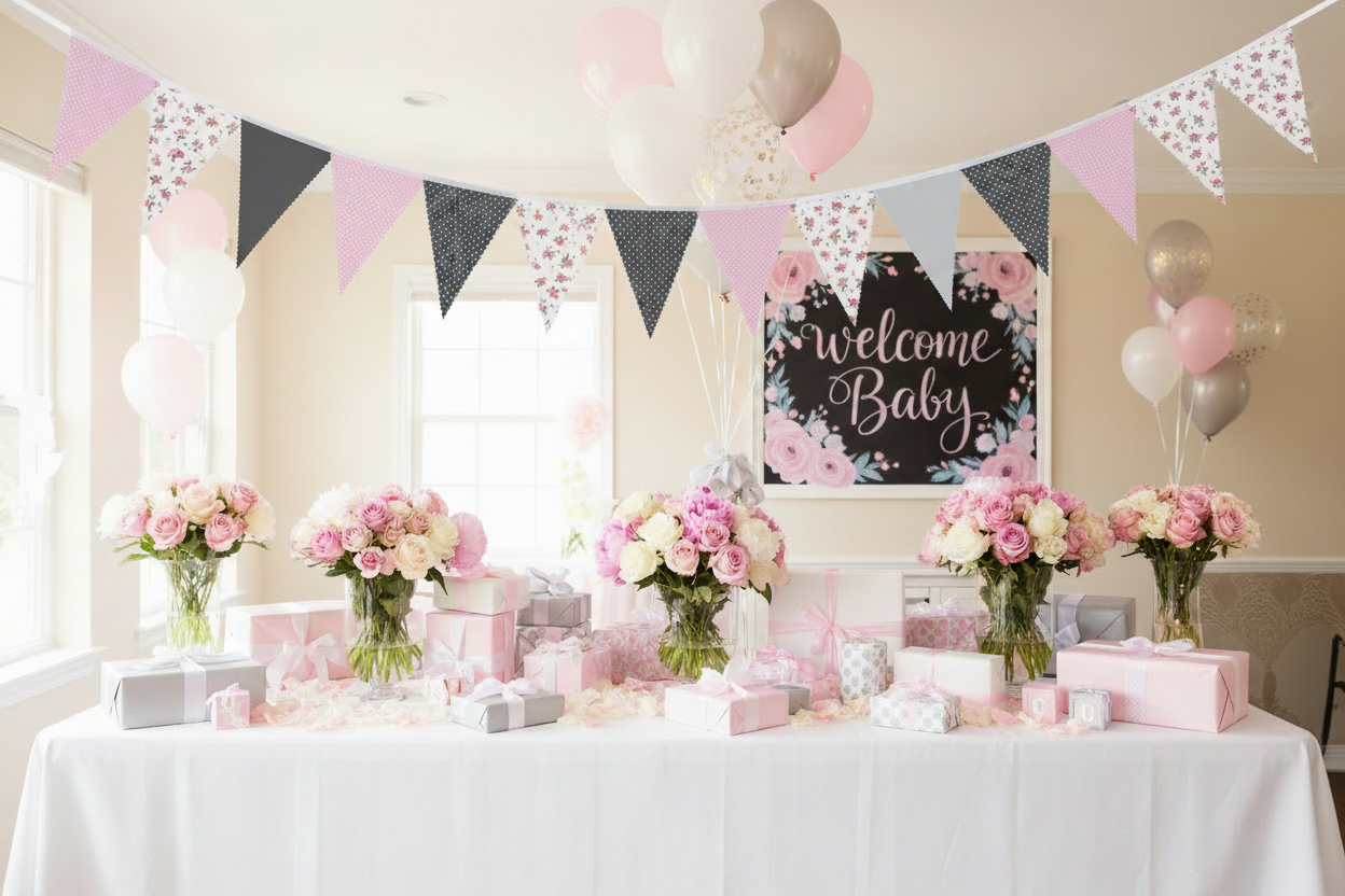Pink & Grey Floral Mix Baby Shower - No People